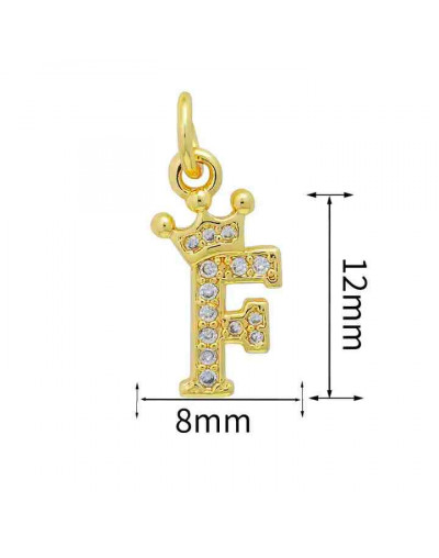 Letra "F"+Corona. Aleación+Zirconia. Baño 18K Gold. 11 milímetros. 5 mm arandela. 1 unidad.