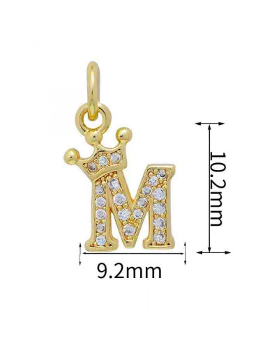 Letra "M"+Corona. Aleación+Zirconia. Baño 18K Gold. 11 milímetros. 5 mm arandela. 1 unidad.