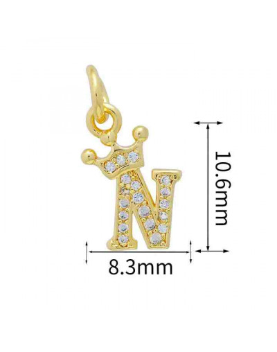 Letra "N"+Corona. Aleación+Zirconia. Baño 18K Gold. 11 milímetros. 5 mm arandela. 1 unidad.
