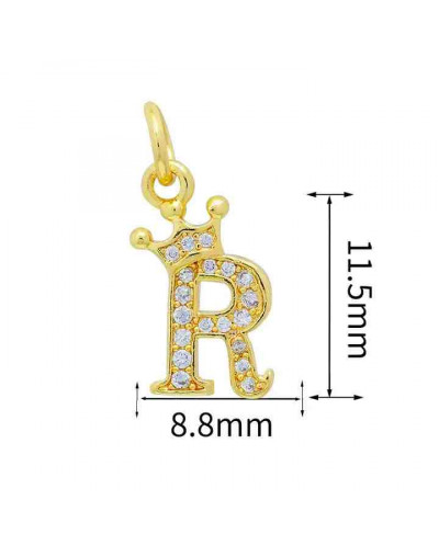 Letra "R"+Corona. Aleación+Zirconia. Baño 18K Gold. 11 milímetros. 5 mm arandela. 1 unidad.