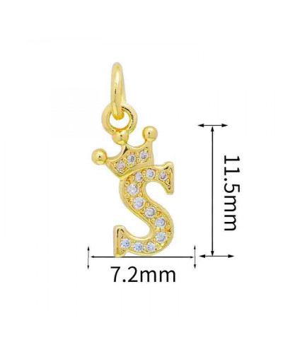 Letra "S"+Corona. Aleación+Zirconia. Baño 18K Gold. 11 milímetros. 5 mm arandela. 1 unidad.