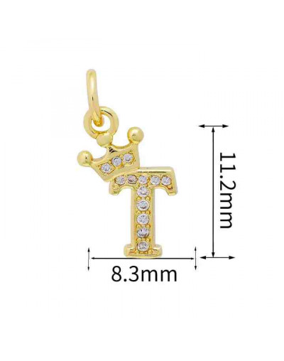 Letra "T"+Corona. Aleación+Zirconia. Baño 18K Gold. 11 milímetros. 5 mm arandela. 1 unidad.