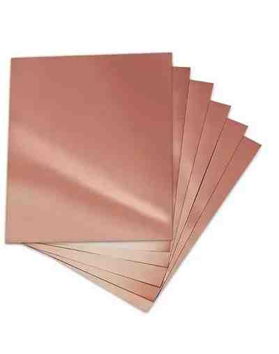 Cobre. Lámina o fleje. Calibre 26 (0,40 mm). 20x20 centímetros. Temple 1/4 dureza.