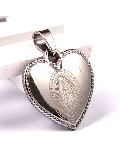 Virgen Guadalupe (corazón). Acero inoxidable.Color plateado. 22x21,5x3,5 mm. 7x4 mm cierre. 1 ud.