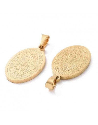 Virgen Guadalupe. Acero inoxidable. Color dorado. 21x13x1,5 mm. 4x6 mm de cierre. 1 ud.