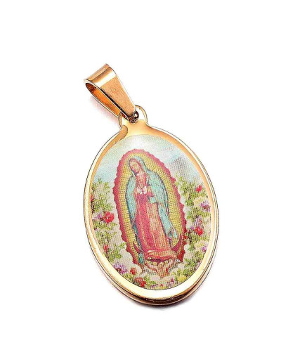 Virgen Guadalupe. Acero inoxidable. Color dorado. 27x17x3 mm. 4x6 mm de cierre. 1 ud.