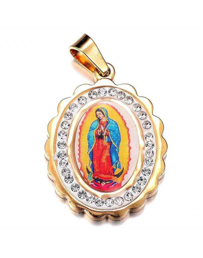 Virgen Guadalupe Acero inoxidable+Rhinestone. Color dorado. 28x21x3 mm. 4x6 mm cierre. 1 ud.