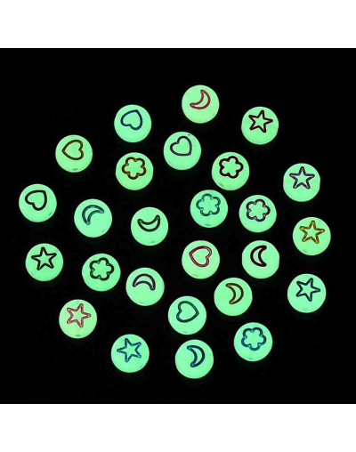 Flor, estrella, luna y corazón. Moneda fluoresc. 6,5 mm diámetro. 1,5 mm perforación. 100 uds aprox.
