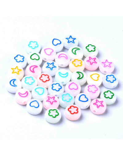 Flor, estrella, luna y corazón. Moneda fluoresc. 6,5 mm diámetro. 1,5 mm perforación. 100 uds aprox.