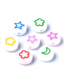 Flor, estrella, luna y corazón. Moneda fluoresc. 6,5 mm diámetro. 1,5 mm perforación. 100 uds aprox. Flor, estrella, luna y corazón. Moneda fluoresc. 6,5 mm diámetro. 1,5 mm perforación. 100 uds aprox.