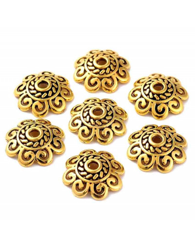 Caps. Aleación de cobre. Color dorado. 12 mm diámetro. 1,5 mm perforación. 20 unidades.