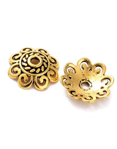 Caps. Aleación de cobre. Color dorado. 12 mm diámetro. 1,5 mm perforación. 20 unidades.