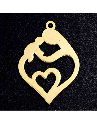 Madre+Niño+Corazón. Acero inoxidable. Color dorado. 24x17x1 mm. 1,5 mm agujero. 1 unidad.