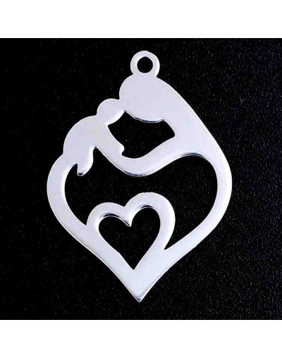 Madre+Niño+Corazón. Acero inoxidable. Color plateado. 24x17x1 mm. 1,5 mm agujero. 1 unidad.