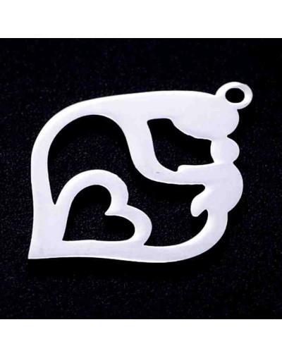 Madre+Niño+Corazón. Acero inoxidable. Color plateado. 24x17x1 mm. 1,5 mm agujero. 1 unidad.