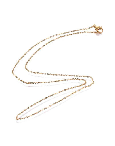 Acero inoxidable. Color dorado. Con cierre. 45 centímetros largo. 1 milímetro grosor. 1 unidad.