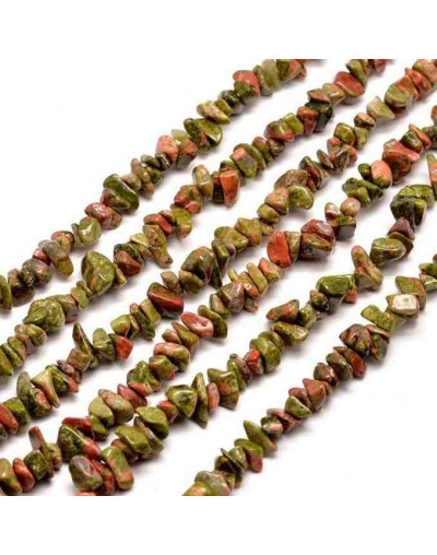 Chips 5-8 milímetros. Unakite. 0,8 mm perforación. 250 unidades hilo aproximado. 1 hilo.