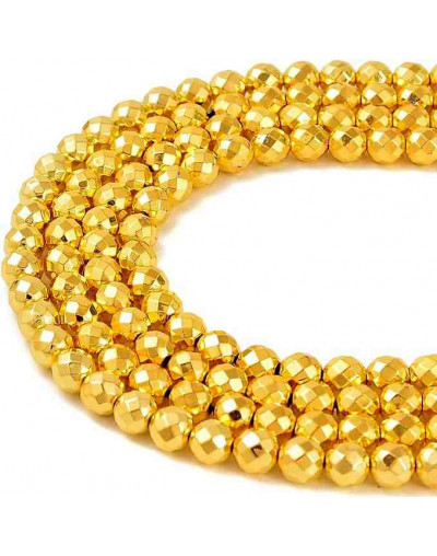 Hematite sintético. Dorado. Faceteado. 04 mm diámetro. 1 mm perforación. 90 uds hilo (aproximado).