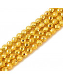 Hematite sintético. Dorado. Faceteado. 08 mm diámetro. 1 mm perforación. 45 uds hilo (aproximado). Hematite sintético. Dorado. Faceteado. 08 mm diámetro. 1 mm perforación. 45 uds hilo (aproximado).