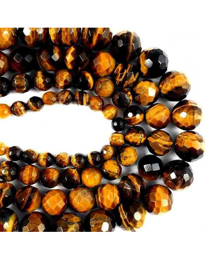 Ojo de Tigre. Faceteado. 12 milímetros diámetro. 1 mm perforación. 30 unidades hilo aprox. 1 hilo.