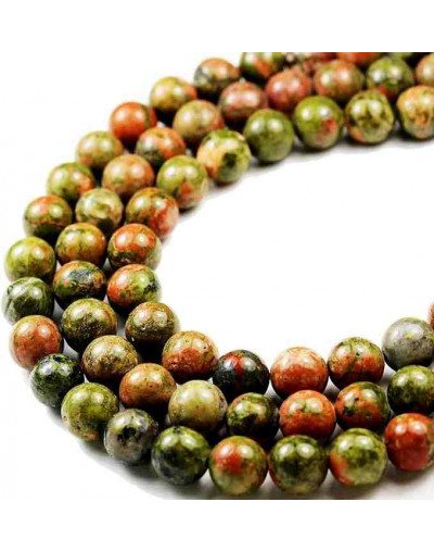 Unakite. 04 milímetros diámetro. 0,8 mm perforación. 90 unidades hilo aproximado. 1 hilo.