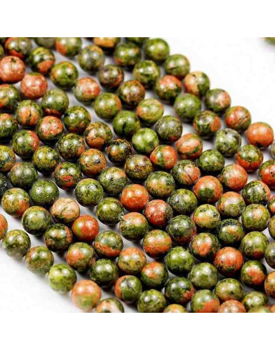 Unakite. 04 milímetros diámetro. 0,8 mm perforación. 90 unidades hilo aproximado. 1 hilo.