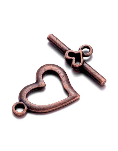Cierre de barra. Corazón (5). Cobre. Color cobre antiguo. 15x19 milímetros. Barra 22 mm. 5 sets.