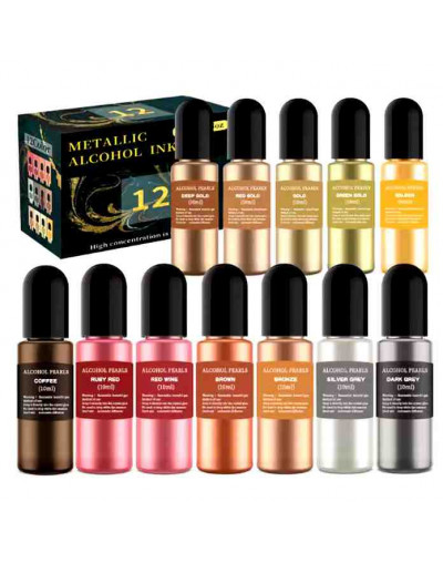 Pigmentos para resina. Tintes al alcohol. Colores metalizados. Set de 12 colores de 10 ml. 1 Set.