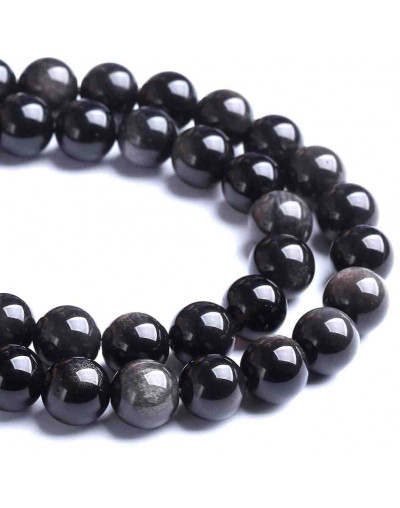 Obsidiana Plateada. 8 mm diámetro. 1 mm perforación. 45 uds hilo aprox. 1 hilo.