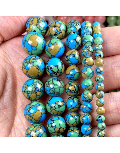 Turquesa sintética. Xinjiang TRICOLOR. 10 mm diámetro. 1 mm perforación. 35 uds hilo aprox. 1 hilo.
