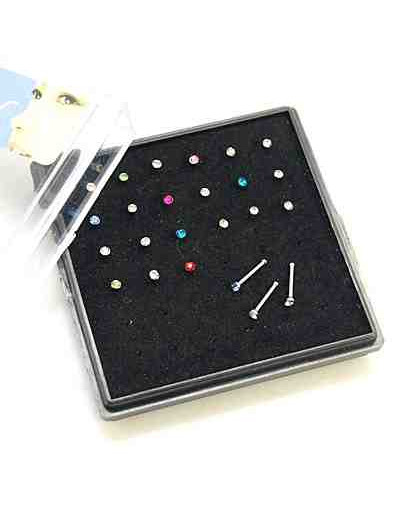 Piercing. Nose (nariz). Acero quirúrgico. Color plateado. 0,8 mm grosor. 9 mm largo. Caja 24 uds.