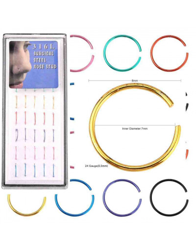 Piercing. Nose (nariz). Acero quirúrgico. Varios colores. 0,5 mm grosor. 7 mm diámetro. Caja 40 uds.