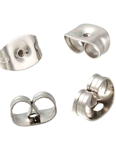 Cierres para pin aretes. Acero inoxidable. Plateado. 4,5x6x3 mm. 0,7 mm perforación. 500 uds aprox.