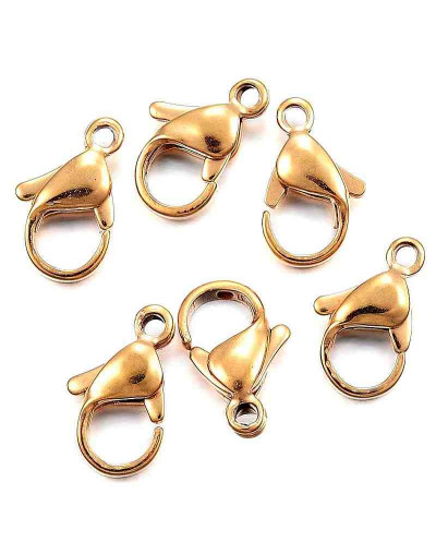 Cierre lobster. Acero inoxidable. Baño 24K Gold. 9x6x3 milímetros. 1,2 mm perforación. 100 uds aprox Cierre lobster. Acero inoxidable. Baño 24K Gold. 9x6x3 milímetros. 1,2 mm perforación. 100 uds aprox
