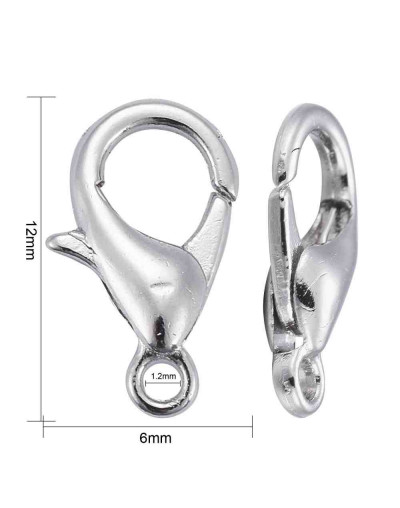 Cierre lobster. Aleación de cobre. Color plateado. 12 mm largo. 1,5 mm perforación. 200 uds aprox.