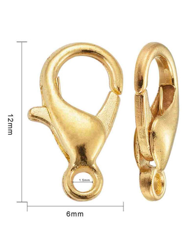 Cierre lobster. Aleación de cobre. Color dorado. 12 mm largo. 1,5 mm perforación, 200 uds aprox.