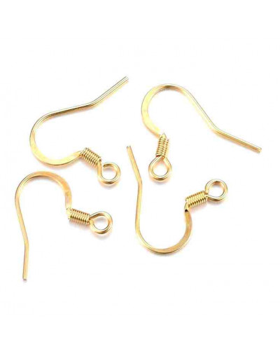 Ganchos aretes. Acero. Color dorado. 17 mm largo. 0,8 mm grosor. 2 mm agujero. 100 uds aprox. Ganchos aretes. Acero. Color dorado. 17 mm largo. 0,8 mm grosor. 2 mm agujero. 100 uds aprox.