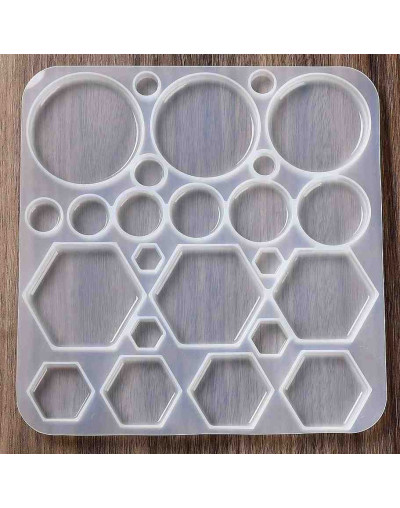 Molde de silicona. Para resina. Monedas y hexágonos. 157x153 milímetros. Sin perforación. 1 unidad.