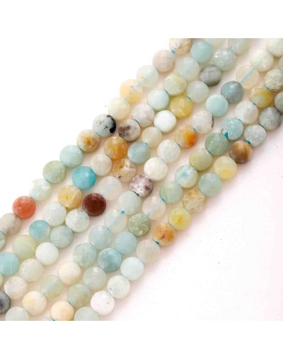 Amazonita. Moneda faceteada. 6x4 milímetros. 1 mm perforación. 55 uds hilo aprox. 1 hilo.