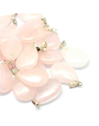 Cuarzo Rosa. Gota. Aleación de cobre. Color plateado. 25x17x5 mm. 2x7 mm cierre. 1 unidad.