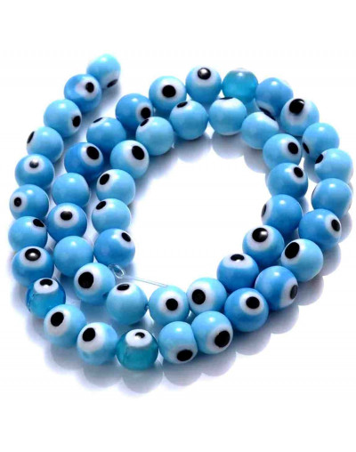 Ojo turco. Esfera. Color Celeste. 08 mm diámetro. 1 mm perforación. 45 uds hilo aprox. 1 hilo.