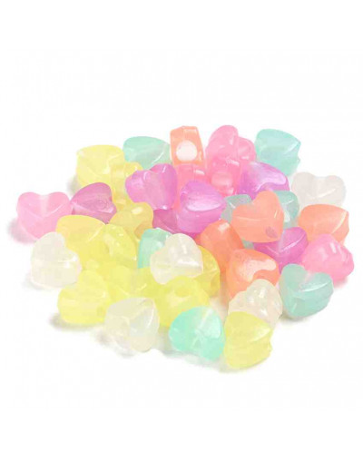 Corazón (3). Varios colores. Fluorescente. 8,5x10,5x6,5 mms. 3,5 mm perforación. 50 uds (aprox)