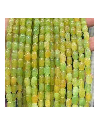 Calcedonia Teñida. Amarillo-Verde Mult. Barril. 9x6 mm. 1 mm perforación. 40 uds hilo aprox. 1 hilo.