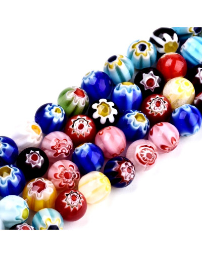 Glass Millefiori. Esfera. Color mixto. 10 mm diámetro. 1 mm perforación. 35 uds hilo (aproximado). Glass Millefiori. Esfera. Color mixto. 10 mm diámetro. 1 mm perforación. 35 uds hilo (aproximado).