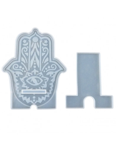 Molde de silicona para resina. Soporte Celular. Mano de Fátima. 100~145x85~115x8 mm. 1 set.