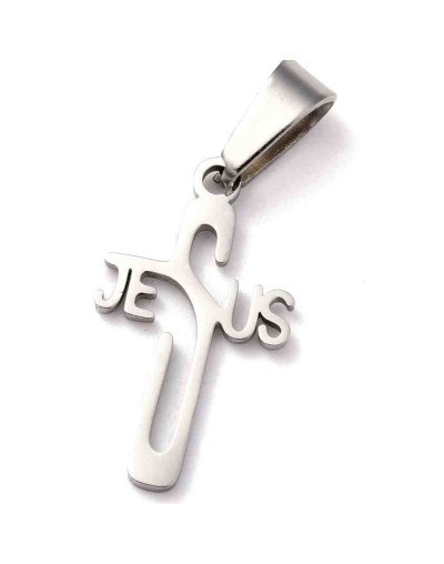 Cruz+Jesús. Acero inoxidable. Color plateado. 21x12x,2 milímetros. Cierre 7x3,5mm. 1 unidad.
