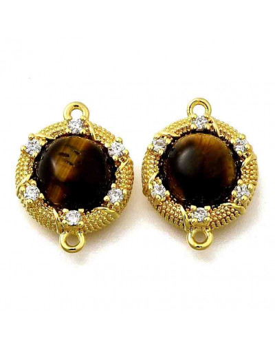 Ojo de Tigre. Aleación + Zirconia. Baño 18KGold. 14.5x11x5 mm. 1 mm perforación. 1 unidad.