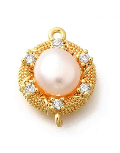 Perla de río. Aleación + Zirconia. Baño 18KGold. 14.5x11x5 mm. 1 mm perforación. 1 unidad.