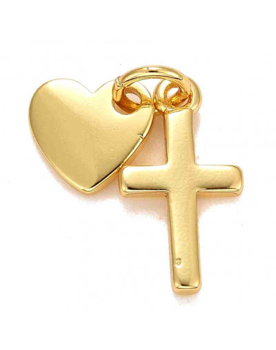 Cruz+Corazón. Aleación de cobre. Baño 18kGold. 17 milímetros. 3 mm arandela. 1 ud.