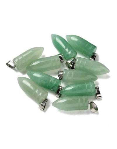 Aventurina Verde. Forma bala. Engarce de aleación. Color plateado. 29,5x10 mm. 4x7 mm cierre. 1 ud.